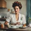 Placeholder: In this image, we see a woman with curlers in her hair, holding a cup of coffee and smoking a cigarette. She appears to be in a relaxed setting, possibly at home. The woman''s face is visible, showcasing her calm expression. In the background, there is a plate of food with someone pouring milk on it. Additionally, there is a ring, a cup, a plate, and a vase scattered around the scene. The colors in the image are primarily earthy tones, with accents of dark brown and white. The overall vibe is co