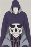 Placeholder: Hooded man in white skull mask wearing dark black and purple coloristic coat