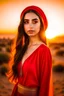 Placeholder: Arab young woman, 20 years, roman nose, slim face, brown eyes, very long smooth hair, wear red dress, smooth white skin, fantasy, turban, happy, facing forward. complete slim body, desert background, at sunset, looks forward, shows all the details of the face.