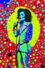 Placeholder: colorful Illustration of a michael jackson microphone in hand and looking at the camera. Polka dots in the background. by munch