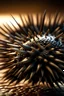 Placeholder: black spiky sea urchin underwater, sunlight, full view no crop, beautiful composition, blurred foreground, very detailed, realistic composition, drawn anime manga art style