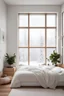 Placeholder: modern, white and light wood, bedroom, minimalism, plants, cozy, winter, window overlooking the winter