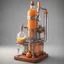 Placeholder: Realistic 3D rendered Cold pressed juicer in steampunk style, shinny, cogs, tap with liquid flow, liquid tap, wooden chamber, wooden handle, analog gauges, detailed with fresh orange fruits, boxy bottle installed, hydrolic system, futuristic, simple and clean, 8k post-production, artstation: award-winning: professional portrait: atmospheric: commanding: fantastical: clarity: 16k: ultra quality: striking: brilliance: stunning colors: amazing depth