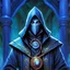 Placeholder: 90's fantasy tcg art of a hooded man with a spiral mask in a blue circus