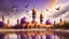 Placeholder: Hyper Realistic Orange & Purple Mosque with Brown Minarets riverside at beautiful cloudy weather & Rainbow with birds flying