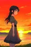 Placeholder: A beautiful mature anime who wears a dress with black hair staring at a sunset by the beach