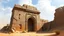 Placeholder: Digital painting of an ancient, weathered temple entrance set in a desert environment.