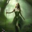 Placeholder: delicate hands with magic sceptre, halo, portrait of dark celtic in wonderland, fast walker, as a brunette young cute feminine woman, short hair, green forest ruins background, pond, mega flowers,peacock,sun light