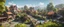 Placeholder: A small town market in a beautiful surreal sunny countryside scene with distant hills, many intricate characterful dwellings (designed by Esher) joined by many walkways & stairways, many paths, waterfalls & a waterwheel : ultra high detail, photorealistic, epic cinematic, 8K, Large depth of field