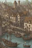 Placeholder: gothic medieval harbour with ships, piers, houses, shops, inns, balconies, plants, people, market