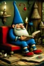 Placeholder: whimsical illustration of a hand painted illustration of a gnome sweet gnome reading by the fireside character in the world of tomorrow high resolution, fine detailed textures in the mix style of Joan Miró - Marc Chagall - Maurice Sendak