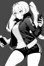 Placeholder: blonde girl with ponytails dressed in a jacket and shorts use cell phone's flashlight to get some light in the dark, greyscale