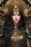 Placeholder: Realistic photography,front_view, (1Queen, looking at viewer), black long hair,traditional dress ornaments mechanical_armor, intricate armor, delicate golden filigree, intricate filigree, black metalic parts, detailed part, dynamic pose, abstrac background, dynamic lighting