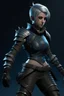 Placeholder: create a female air genasi from dungeons and dragons, dark gray short hair, light blue eyes, wind like hair, wearing hot leather clothing that also looks studded, realistic, full body, digital art, high resolution, strong lighting