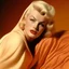 Placeholder: A photograph of jayne mansfield, eyes half closed, with bed hair, melancholy, no make up, in the style of milton greene, pale orange silk scarf around her shoulders,beige bacground
