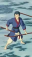 Placeholder: A male water genasi with deep blue skin color, water shape dred hair on head. Shaolin monk with long stick weapon, kung fu master, martial art