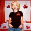 Placeholder: Marilyn monroe, she's wearing jeans and a black t-shirt with cherries, autochrome