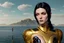 Placeholder: Photorealistic skinny woman with black hair, in a gold and black android suit, standing, looking out over a lake, with flying dandelion heads with octopus tentacles, with tall narrow cloud trees in the distance