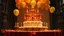 Placeholder: grand castle birthday cake on table in castle, orange, yellow, balloons, 8k, high quality, trending art, trending on artstation, sharp focus, studio photo, intricate details, highly detailed, by tim burton