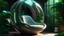 Placeholder: Futuristic sci-fi pod chair, flat design, product-view, editorial photography, transparent orb, product photography, natural lighting, plants, natural daytime lighting, zbrush, 8k, natural wooden environment
