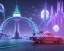 Placeholder: futuristic landscape of the tower gate in london, flying cars, robots, a couple walking their dog, blue and purple neon