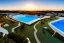 Placeholder: Sunset algarve in quinta do lago, one straight line building of 250 meters long modern luxury architecture with pool on rooftop, with green roofs and sun loungers next to pool, overlooking a tennis sport facility surrounded by pine trees, on a slope with pinus pinea, a wrap around road for low speed cars