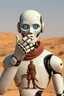 Placeholder: the AI robot showing surprise on his face expression and cover his mouth with his hand from human stupidity of a stone age man standing in front of him in the desert