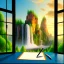 Placeholder: desk, parquet, sheet of paper, little pen, in front of a huge picture window with large view on a waterfall with warm light, sunset ,pixar style, panorama, nature, globe, HD, Hallelujah mountains