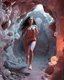 Placeholder: make a picture pretty crystal cave covered with jwells and 3d recursive cubic and sphere base pearls and Gemstone species, a beautiful goddess lady with curvy hair,makeup, in pretty modern today pants and loose shirt with jewels and sport shoes is running inside cave ,dynamic camera fallow her inside cave capturing full body, dynamic lights.