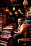 Placeholder: close up photography of a burly Robust 40-year-old Turk in Istanbul bazaar, shirtless, selling carpets sitting on a pile of carpets, biig shoulders, manly chest, very hairy, side light,