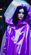 Placeholder: painting by koson ohara and marta bevacqua, portrait of a beautiful goth woman with long black hair, wearing a plastic raincoat, purple neon lighting, 8k, high quality, highly detailed