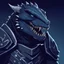 Placeholder: Argonian male with black scales with white-blue lightning-like markings and azure eyes and many small sharp horns wearing dark armor, evil and psychotic with a fanged grin, best quality, masterpiece, in flat design art style