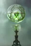 Placeholder: floating suspended translucent glowing orb above pedestal, misty, inside overgrown moss vines labrotory, sacred geometry object inside translucent floating orb, aura foggy mist, tesseract, purple, green, gold