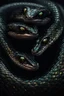 Placeholder: A two headed snake digital portrait, dark fantasy, black iridescent scales, holographic, shiny, PVC texture, wet look,