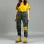 Placeholder: Women model catwalk wearing cargo jeans with patch jellow and green