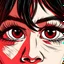 Placeholder: closeup of female eye with a very angry expression and red eyes, drawn in vintage 80s anime style