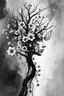 Placeholder: double exposure dry tree with fantasy flowers and profil one fairy face, black and gray watercolor illustration with weet ink, deep dark , surreal, dramatic atmosphere. intricate, stunning textures , mystery. stunning illustration