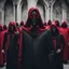 Placeholder: a creepy cult of shrouded in onyx skin tight LYCRA faceless masks, hoods and suits with an evil priest in red sunglasses and clothing standing in front of them grinning