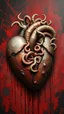 Placeholder: Bosch style painting , A 3D s lot of worms coming out of the middle of a rusty metallic open heart in details on red and black bloody background