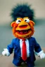 Placeholder: a Film Photograph of an angry orange Donald Trump Muppet made of felt and fur wearing a dark blue suit and red tie, he is angry and old - he is full of rage and anger, he hates everyone