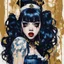 Placeholder: Poster in two gradually, a one side malevolent goth vampire girl face show his tonge, and other side the Singer Melanie Martinez face, painting by Yoji Shinkawa, darkblue and gold tones,