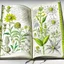 Placeholder: Es un fuerte dibujo a líneas de unas flores muy variadas y maravillosas que ocupan todo el plano fantástico y adornan unos bellos manuscritos en libros abiertos.