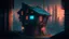 Placeholder: small Wooden Cabin, In cyberpunk city-skyline,