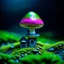 Placeholder: "Close up of a wonderful tiny Mushroom Tower home. green and magenta with bright white, deep black and contrasting tones of gray. Illuminated bioluminescent forest. Professional painter, master at composition. small but detailed. broken, blurred background, voluminous lighting"