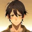 Placeholder: Japanese teenage boy, shoulder length black hair in a low ponytail, honey golden brown eyes, anime style, looking into camera