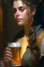 Placeholder: a painting of a woman holding a glass of beer, a fine art painting by Robert Lenkiewicz, cgsociety, fantasy art, detailed painting, 2d game art, unreal engine 5