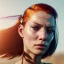 Placeholder: A beautiful portrait of a cyberpunk woman with lot's of grain on her skin red head with hair flying in the wind cyborg smiling facing camera orange color scheme, high key lighting, volumetric light high details with white stripes and feathers unreal 5, octane render, cinema4d, dynamic lighting, dramatic lighting, 4k, redshift render, highly detailed, hyper realistic