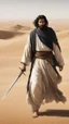 Placeholder: A picture of a man, in the desert, in old Arab dress, protecting a group of people behind his back, with black hair, a light beard, and carrying a sword.