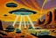 Placeholder: retrofuturism landscape with ufo in the sky, mountains, cars, rocks, 1950's sci-fi movies influence, henry luyten and ludwig dettman impressionism paintings