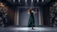 Placeholder: modern stage with gray-blue theme artistic decoration , color full dynamic lighting, a beautiful lady in modern maxy dark dark green dress with shining silver jwells dancing, 3D recursive fractal structure animating background
